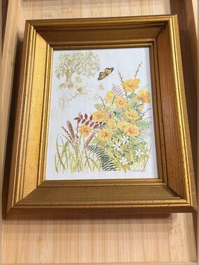 Vtg Gloria Eriksen Floral Butterfly Print Home Interior 11x13” Gold Wood Framed
